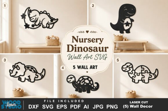 5 Nursery Dinosaur Wall Art SVG Bundle