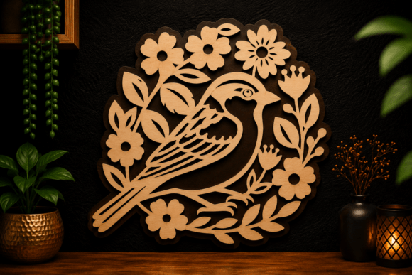 Floral Bird Wreath Laser Cut SVG Design