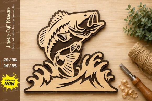 Jumping Bass Fish Laser Cut SVG Design