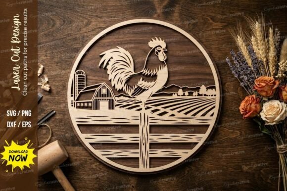 Rooster Farm Scene Laser Cut SVG for Rustic Home Decor